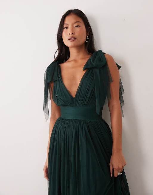 Lace & Beads Madison Petite tulle bow shoulder plunge neck maxi dress in emerald, 2 of 4