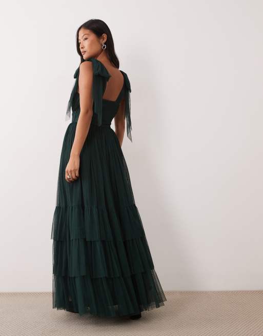  Lace & Beads Madison Petite tulle bow shoulder plunge neck maxi dress in emerald, 3 of 4