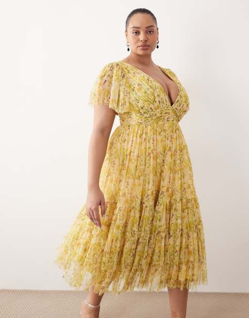 Lace & Beads Madison Plus midi dress in yellow floral, 3 of 4