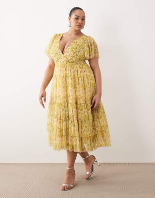 Lace & Beads - Madison Plus - Robe mi-longue à fleurs - Jaune 50