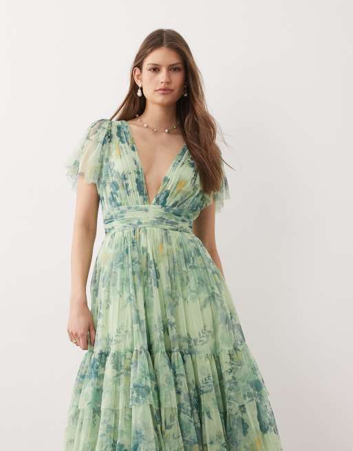 Lace & Beads – Madison – Salviagrön, blommig midiklänning i tyll med utsvängda ärmar och djup urringning, 2 av 4