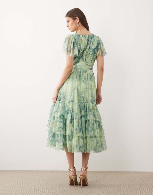 Lace & Beads – Madison – Salviagrön, blommig midiklänning i tyll med utsvängda ärmar och djup urringning, 3 av 4
