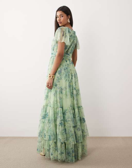Lace & Beads - Madison - Salviegrøn maxikjole med flagrende ærmer og print, 4 af 4