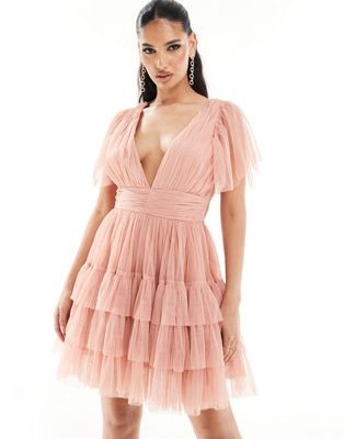 Lace & Beads Madison tiered mini dress in rose blush