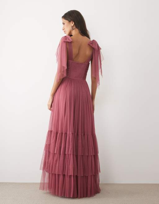 Lace & Beads Madison tulle bow shoulder plunge neck maxi dress in dusty pink, 3 of 4