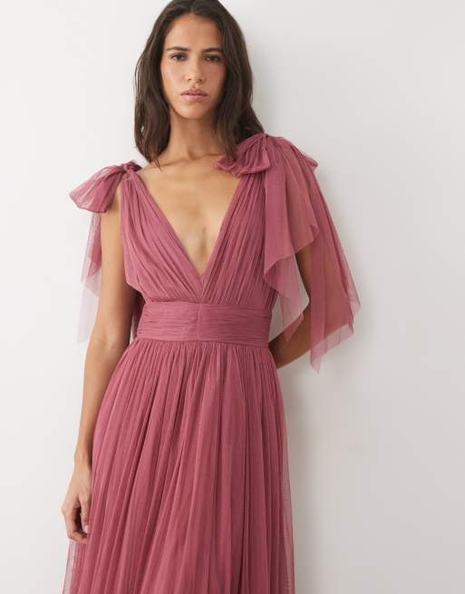 Lace & Beads Madison tulle bow shoulder plunge neck maxi dress in dusty pink, 4 of 4