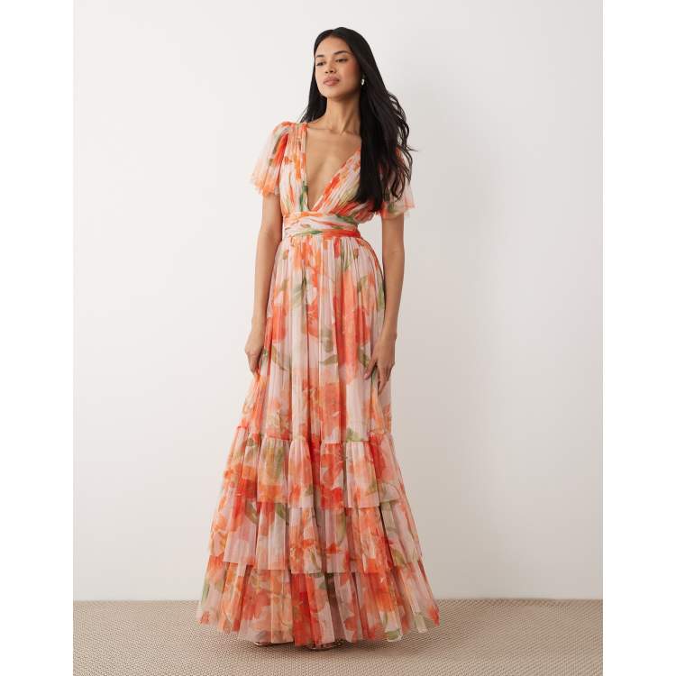 Lace & Beads Madison tulle flutter sleeve deep v maxi dress in orange floral  print | ASOS