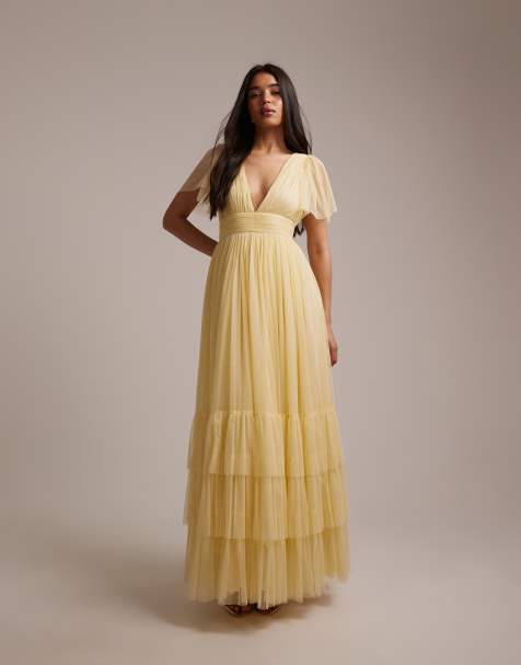 Lace & Beads Madison tulle flutter sleeve plunge neck maxi dress in lemon