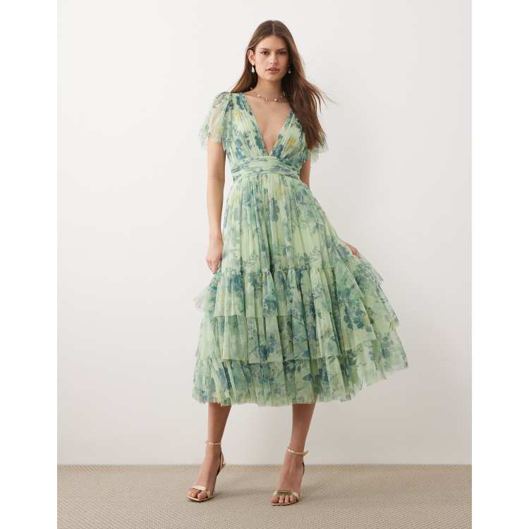 Lace & Beads Madison tulle flutter sleeve plunge neck midi dress in sage  green floral | ASOS