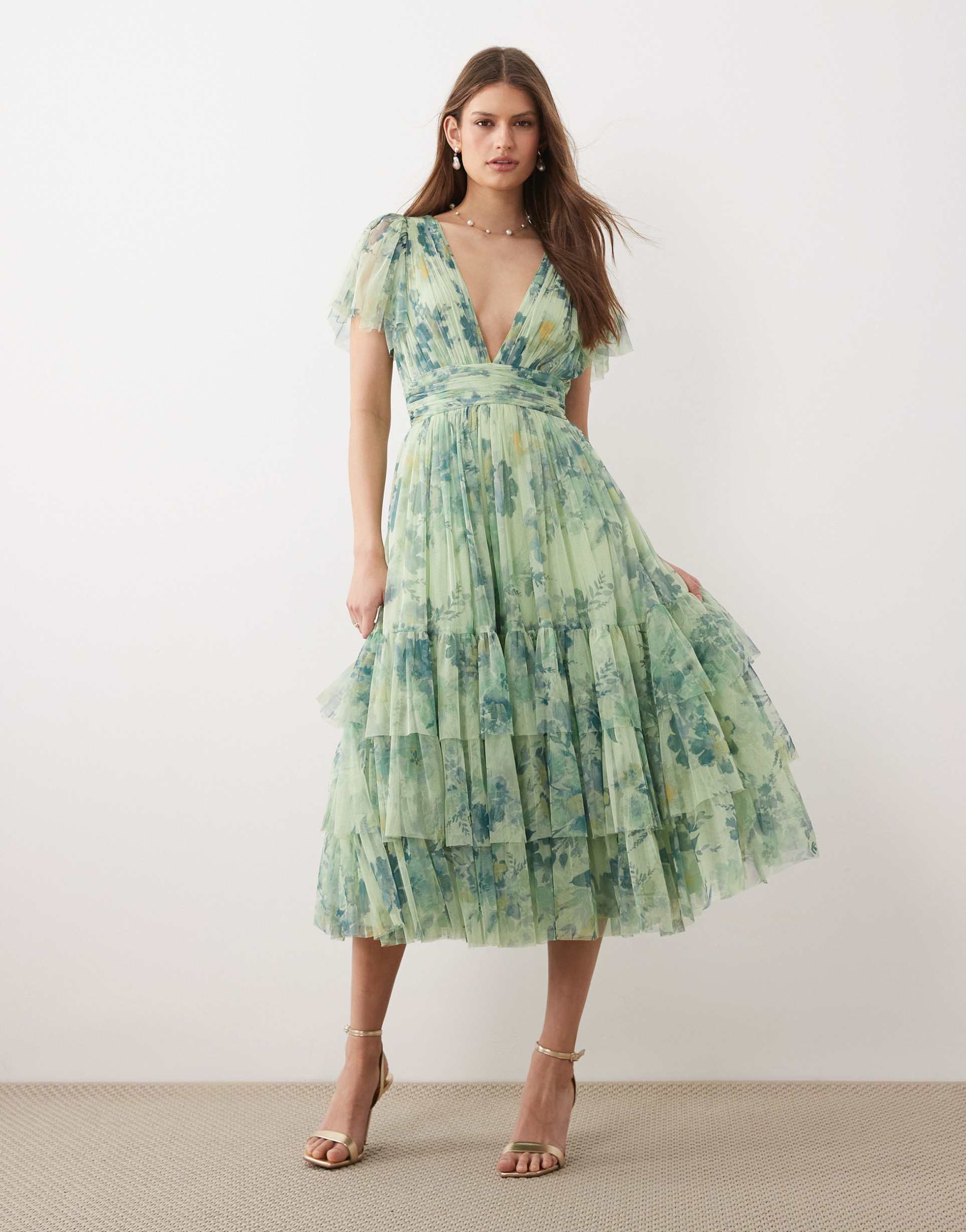 lace & beads madison tulle flutter sleeve plunge neck midi dress in sage green floral