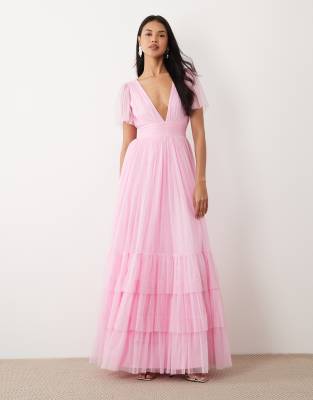 Lace & Beads Madison Tulle Flutter Sleeve V Neck Maxi Dress In Pink