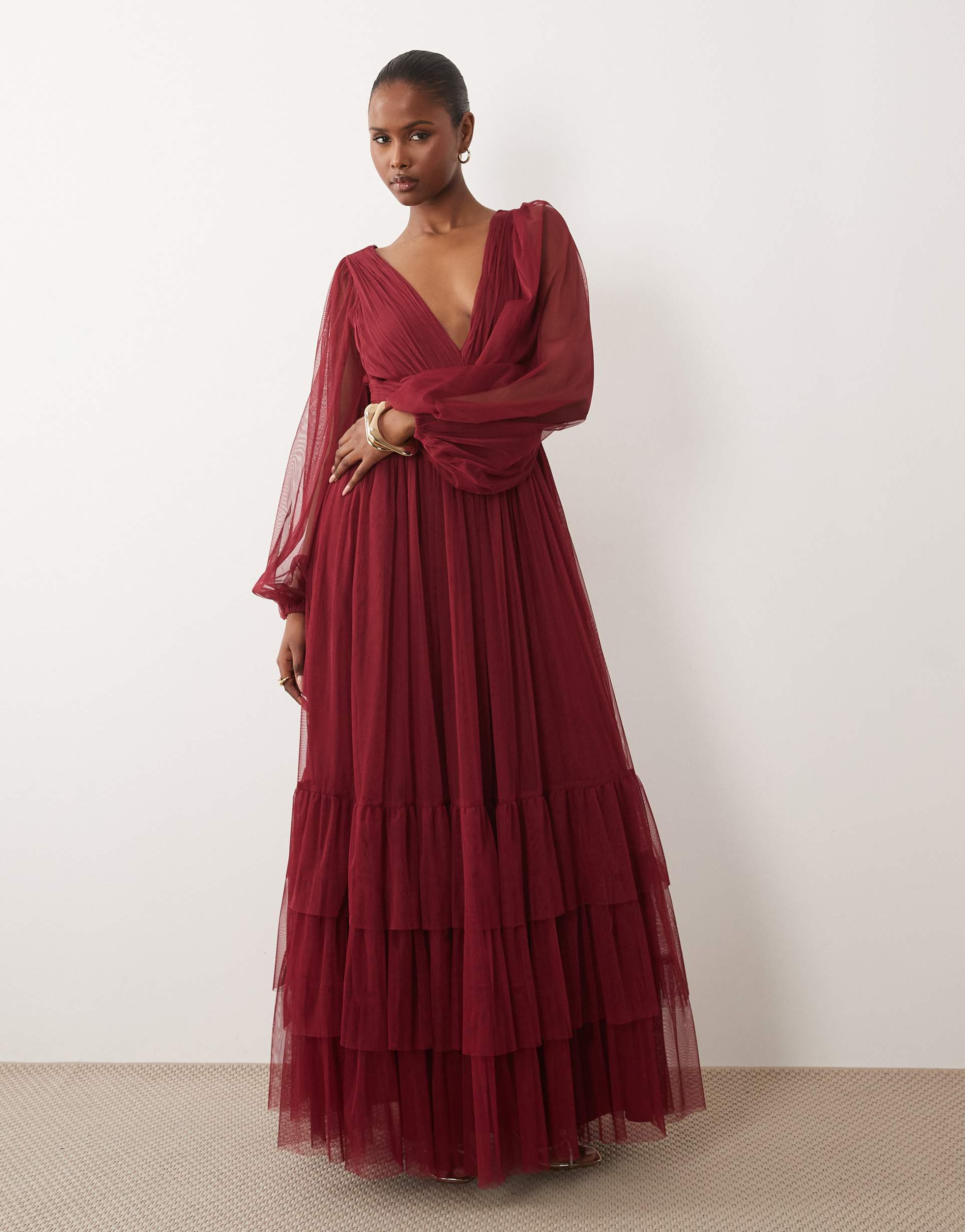 lace & beads madison tulle smocked plunge neck balloon sleeve tiered maxi dress in burgundy