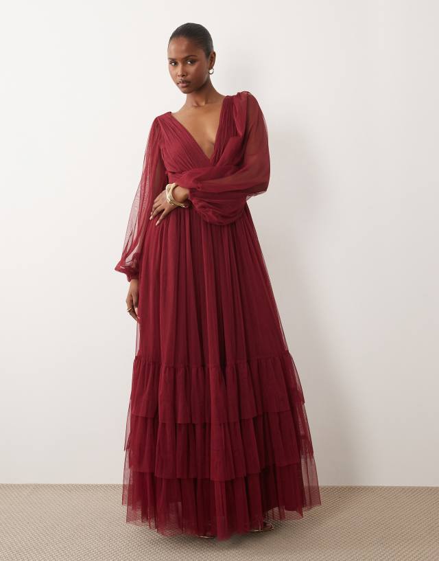 burgundy tulle dress with sleeves Lace & Beads - Tiered Maxi - Women - Polyester - 4 US Color:N147 Product Fit + Details 6/5/2026 Custom Painted UPCYCLED Small