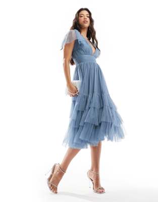 Madison v neck tulle midi dress in deep blue