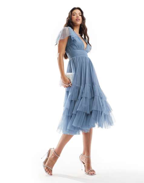 Lace & Beads Madison v neck tulle midi dress in deep blue - view 1