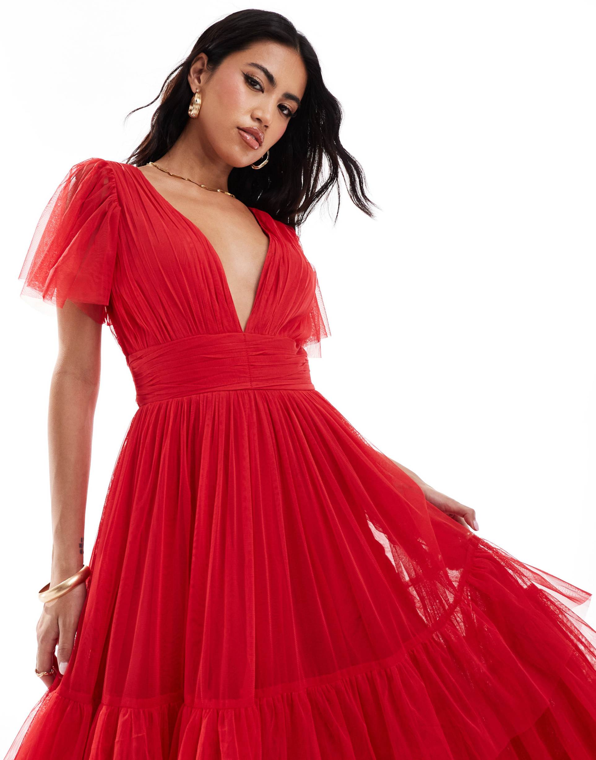 lace & beads madison v-neck tulle midi dress in red