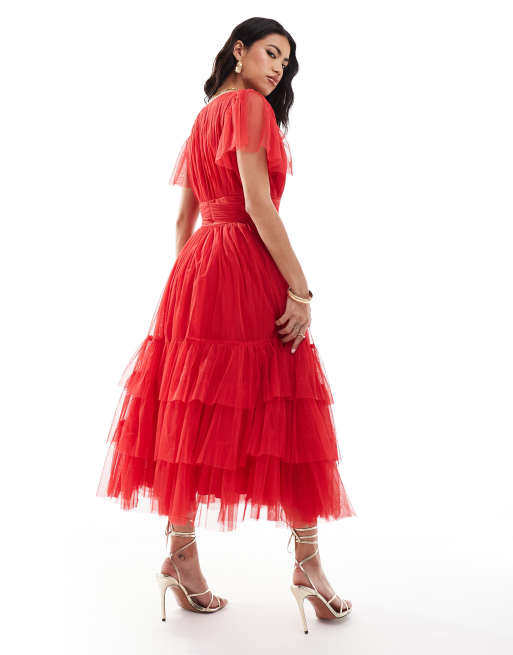 Lace & Beads Madison V-neck tulle midi dress in red | ASOS