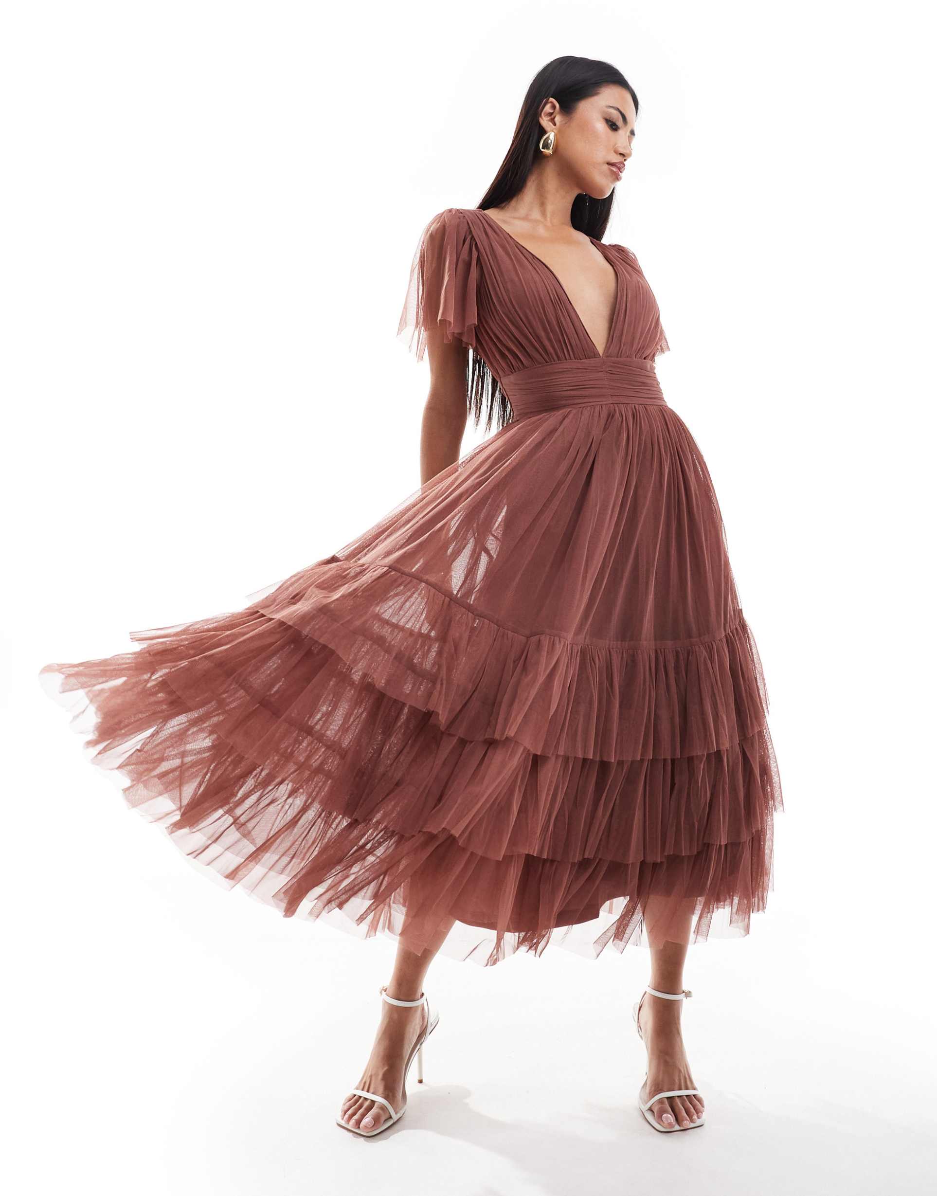 lace & beads madison v neck tulle midi dress in rose brown