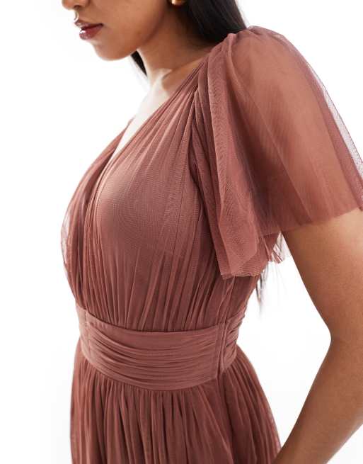 Lace & Beads Madison v neck tulle midi dress in rose brown