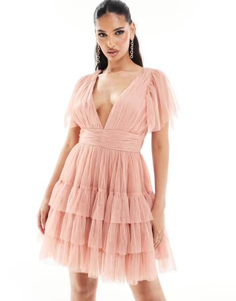 Lace & Beads Madison v neck tulle mini dress in rose blush