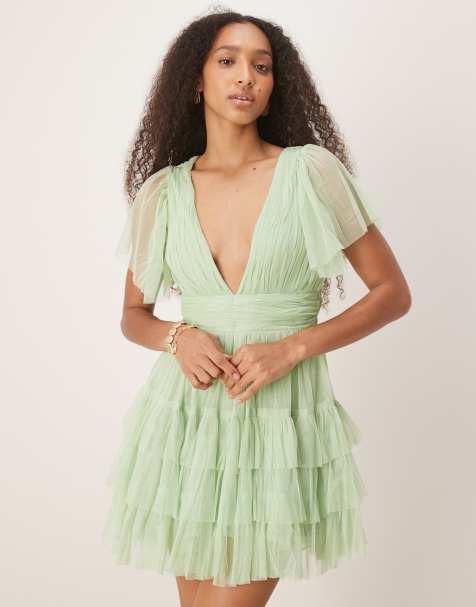 Lace & Beads Madison v-neck tulle mini dress in sage - view 1