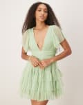 [Lace & Beads] Lace & Beads Madison v-neck tulle mini dress in sage-Green 8 Sage