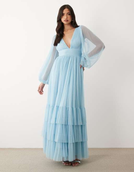 Lace & Beads - Madison - Vestido de dama de honor largo azul pastel escotado y fruncido con mangas transparentes, 2 de 4
