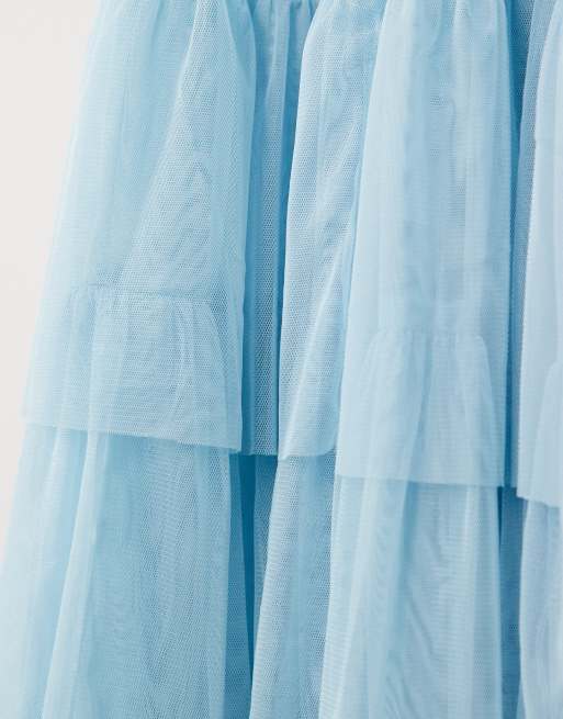 Lace & Beads - Madison - Vestido de dama de honor largo azul pastel escotado y fruncido con mangas transparentes, 3 de 4