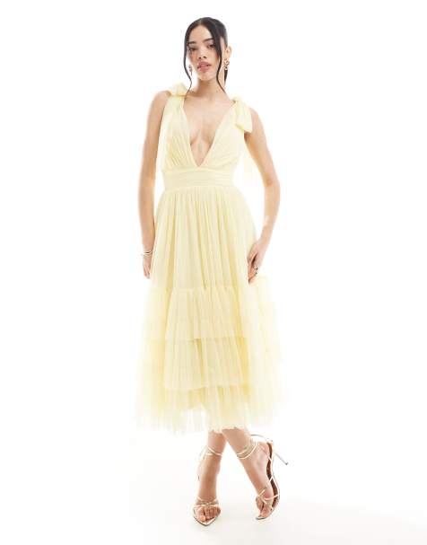 Lace & Beads - Madison - Vestito da damigella color giallo latticello con gonna al polpaccio e fiocchi sulle spalle - view 1