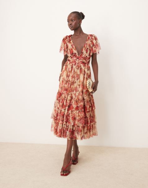 Lace & Beads - Madison - Vestito da damigella midi in tulle a fiori rosa con scollo a V - view 1