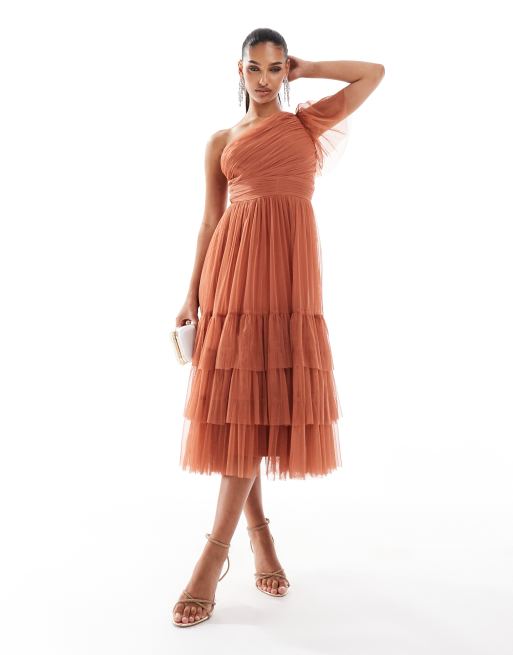 Lace & Beads - Madison - Vestito da damigella midi monospalla in tulle rosa terracotta