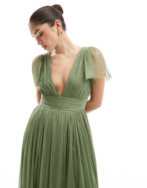 Lace & Beads - Madison - Vestito lungo da damigella color oliva tenue, 4 di 4