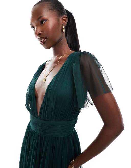 Lace Beads Madison Vestito lungo da damigella in tulle verde smeraldo con scollo a V ASOS