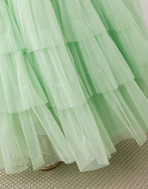 Lace & Beads - Madison - Vestito lungo da damigella verde salvia chiaro con scollo profondo e maniche trasparenti, 3 di 4