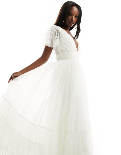 Lace & Beads - Madison - Vestito lungo da sposa in tulle color avorio con scollo a V