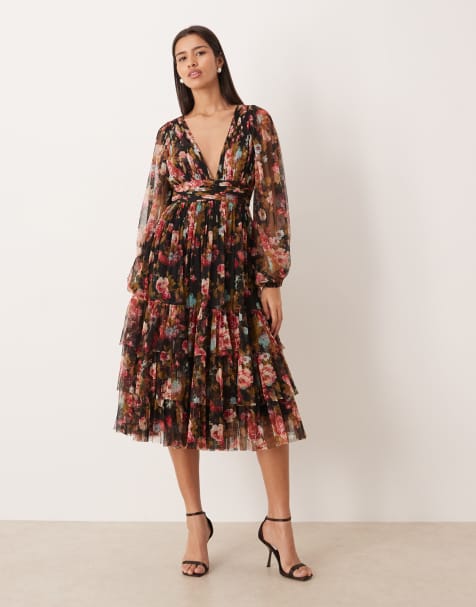 Lace & Beads - Madison - Vestito midi a balze con scollo profondo e maniche a palloncino in tulle nero a fiori - view 1