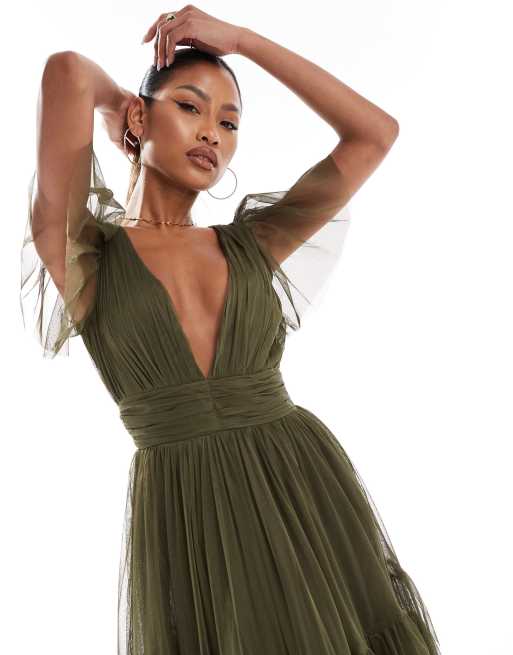 Lace & Beads - Madison - Vestito midi oliva scuro in tulle con scollo a V, 3 di 4