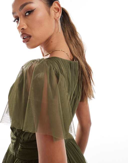 Lace & Beads - Madison - Vestito midi oliva scuro in tulle con scollo a V, 4 di 4