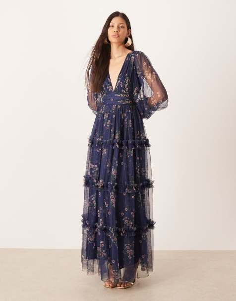 Lace & Beads - Marineblå maxikjole med dyb V-hals og klokkeærmer i blomstermønster - view 1