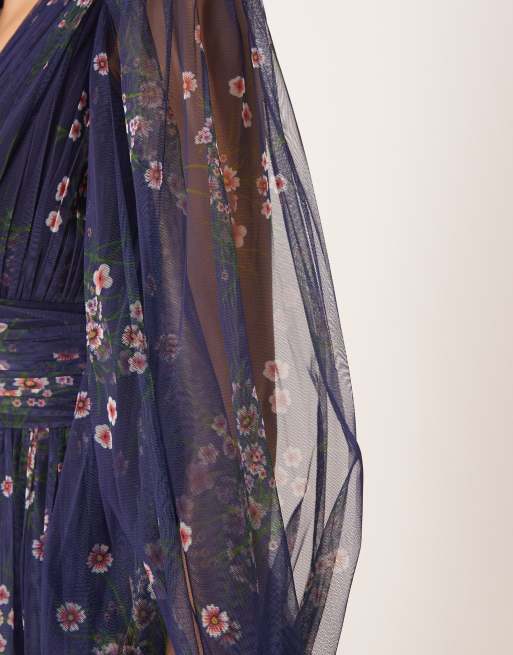 Lace & Beads - Marineblå maxikjole med dyb V-hals og klokkeærmer i blomstermønster, 3 af 4