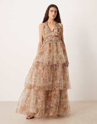 Lace & Beads Martel Tulle Halter Neck Tiered Maxi Dress In White