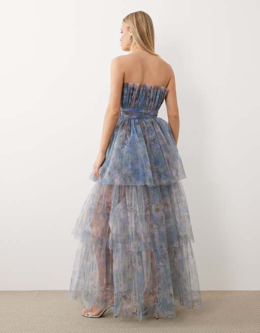 Lace & Beads - Maxi bandeau-jurk van tule met bloemenprint in blauw, 2 van 4