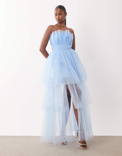 Lace & Beads - Maxi bandeau-jurk van tule met stroken in zachtblauw - view 1