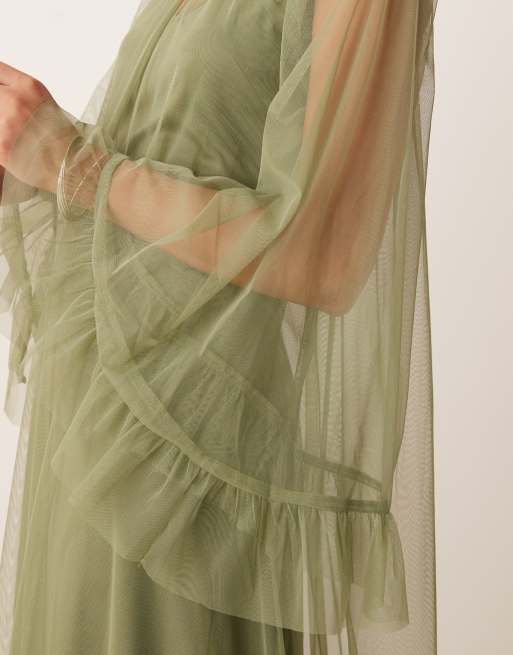 Lace & Beads - Maxi boho-jurk met volle mouwen in zacht olijfgroen, 2 van 4
