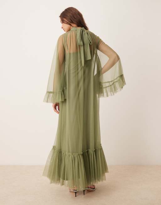 Lace & Beads - Maxi boho-jurk met volle mouwen in zacht olijfgroen, 3 van 4