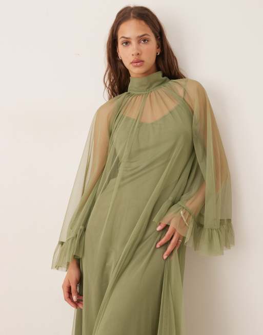 Lace & Beads - Maxi boho-jurk met volle mouwen in zacht olijfgroen, 4 van 4