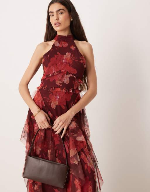 Lace & Beads - Maxi halterjurk met halternek, ruches en donkere rozenprint , 2 van 4