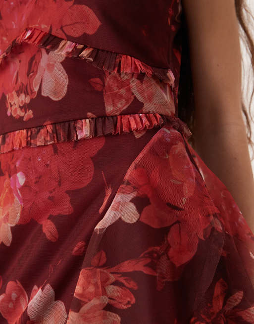 Lace & Beads - Maxi halterjurk met halternek, ruches en donkere rozenprint , 3 van 4