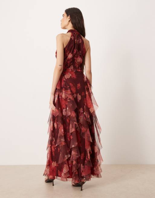 Lace & Beads - Maxi halterjurk met halternek, ruches en donkere rozenprint , 4 van 4