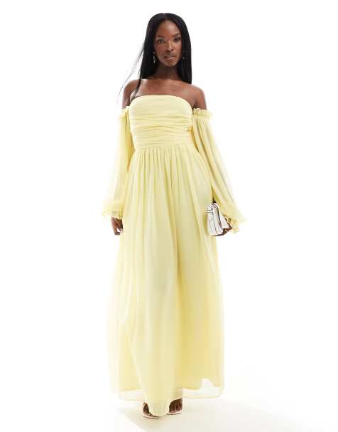 Lace & Beads - Maxi jurk met ballonmouwen en rimpeleffect in citroengeel - view 1